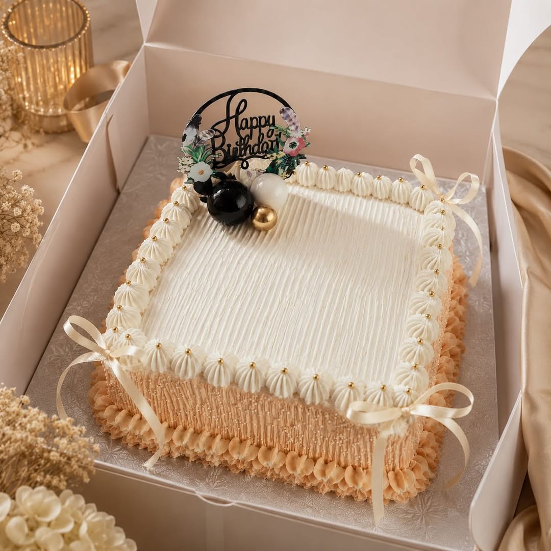 A buttercream celebration cake, boxed and ready