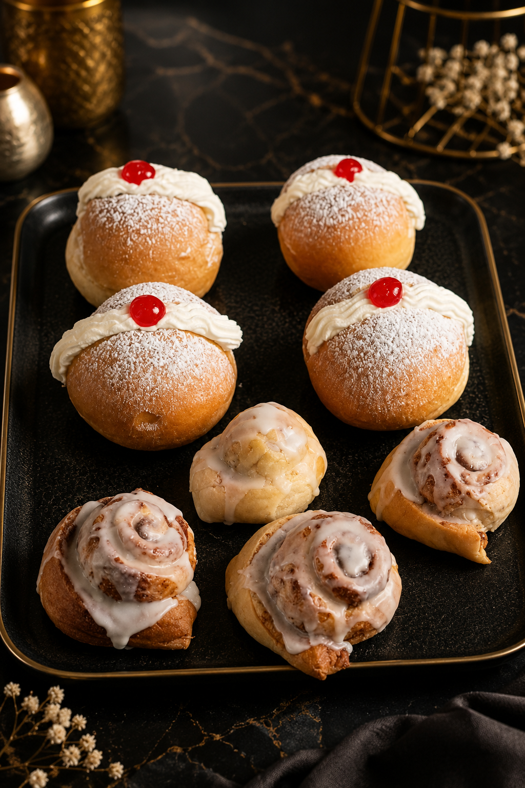 Cream buns and iced cinnamon rolls on a tray