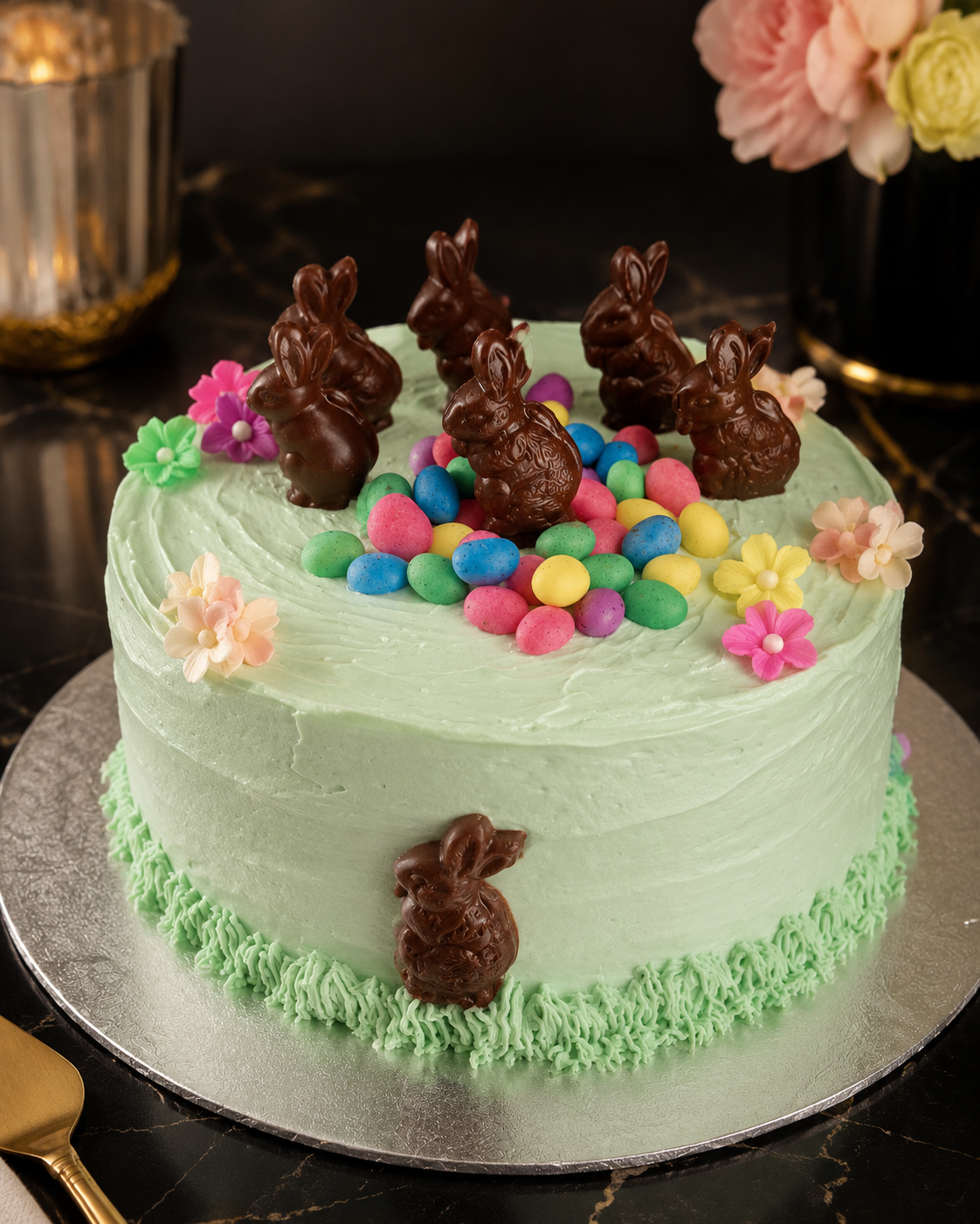 An Easter cake with chocolate bunnies and candy eggs