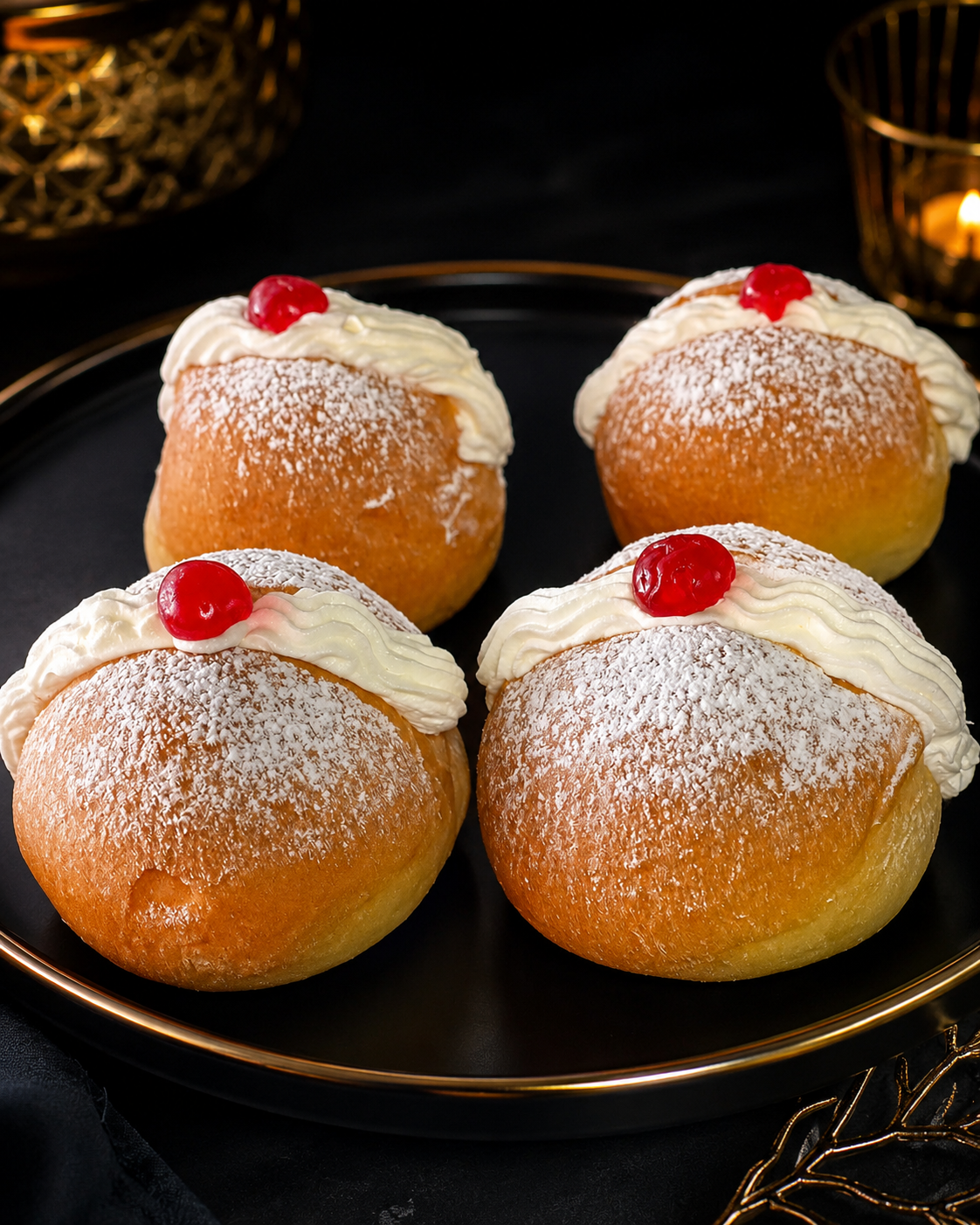 Cream filled buns dusted with sugar and topped with cherries