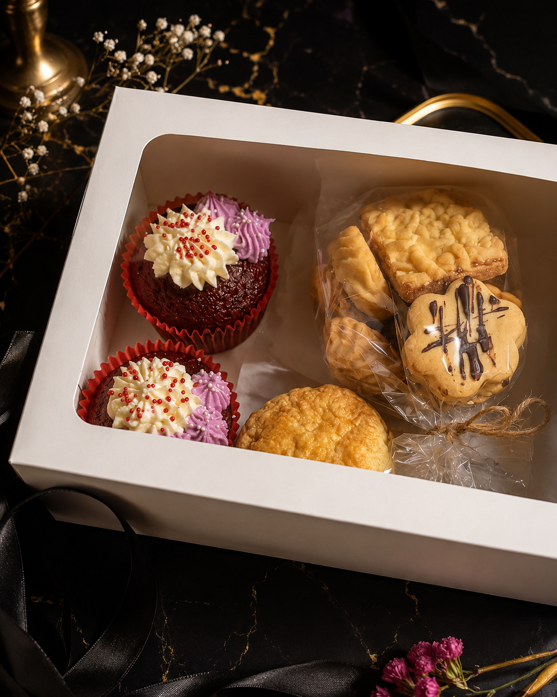 A gift box of red velvet cupcakes and biscuits