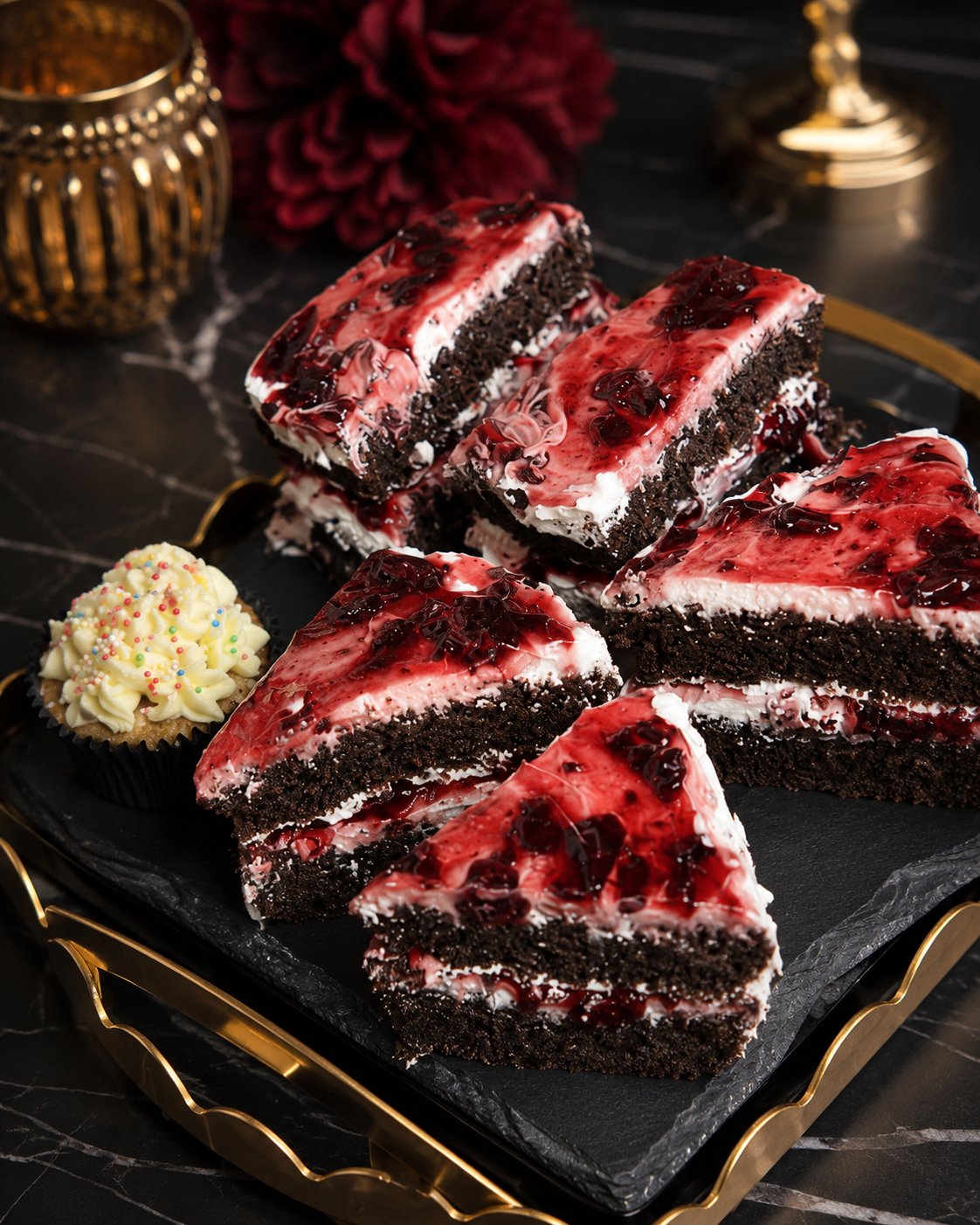 Chocolate berry layer cake slices on a slate board