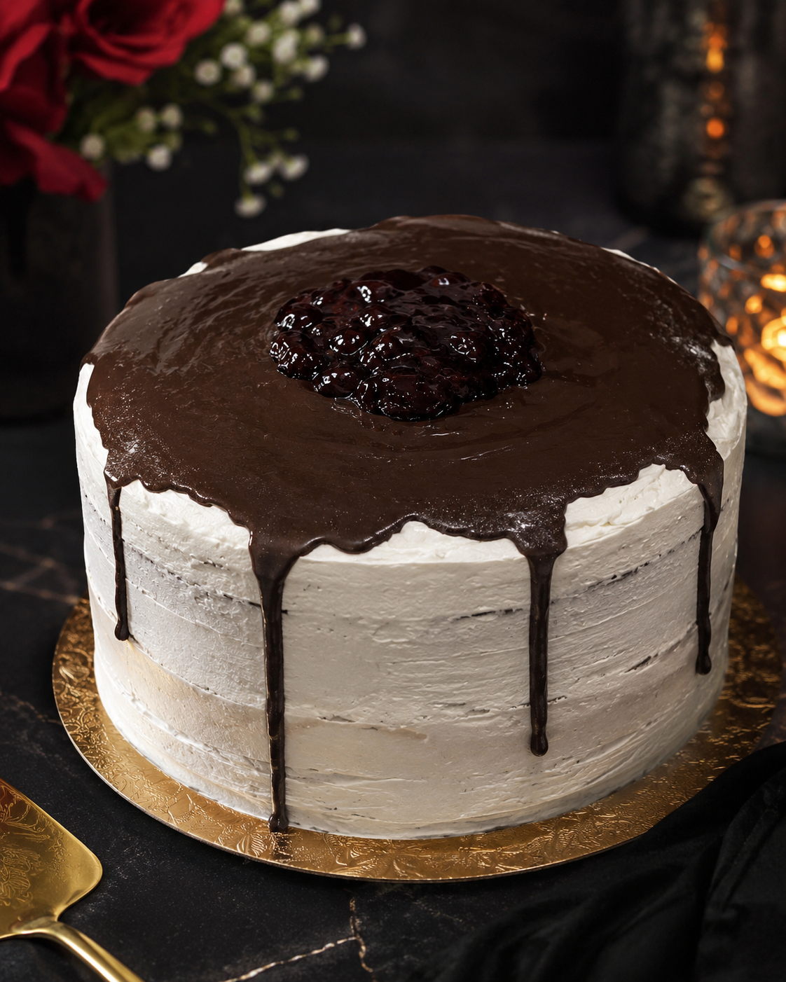 A chocolate ganache drip cake topped with berry compote