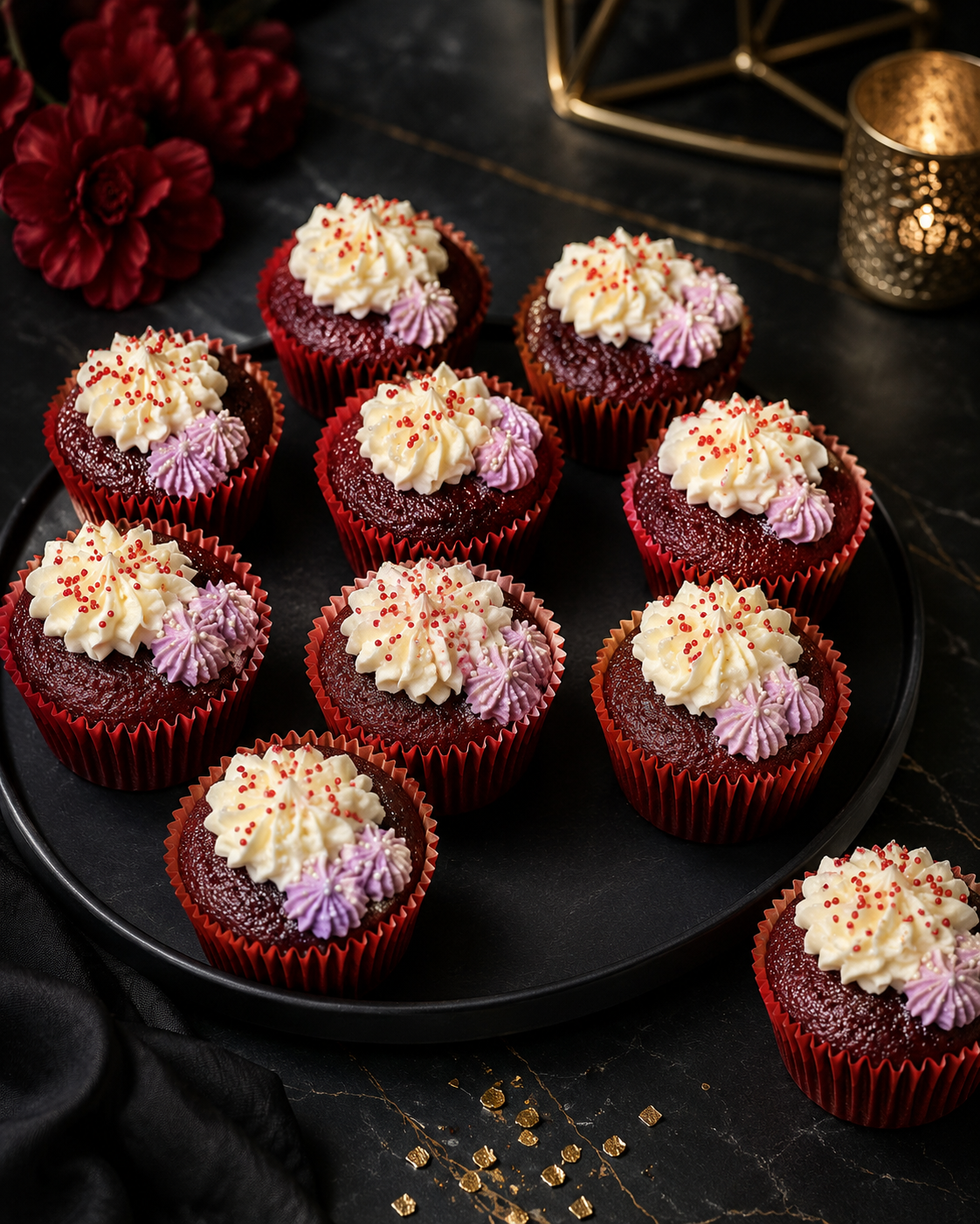 Red velvet cupcakes on a dark plate