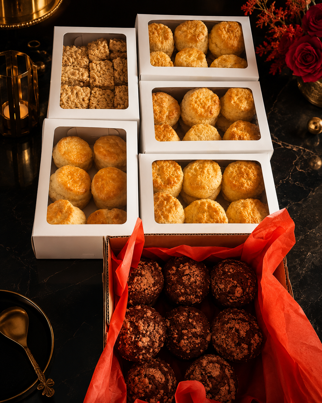 Boxes of scones and chocolate muffins