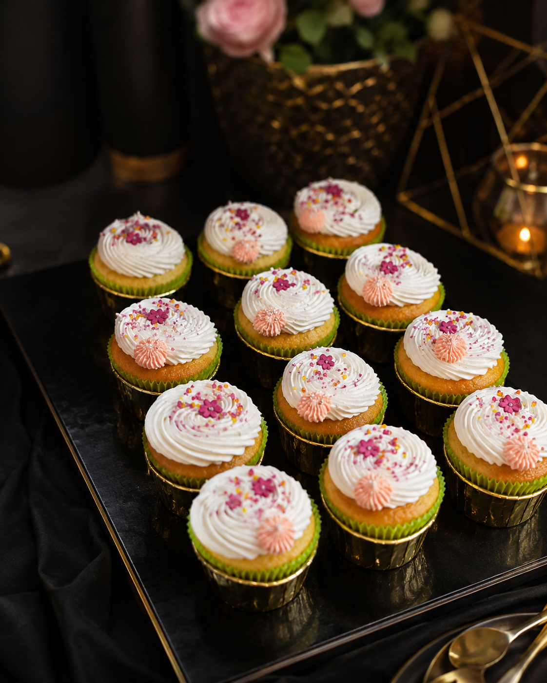 Vanilla cupcakes finished with blossoms and sprinkles