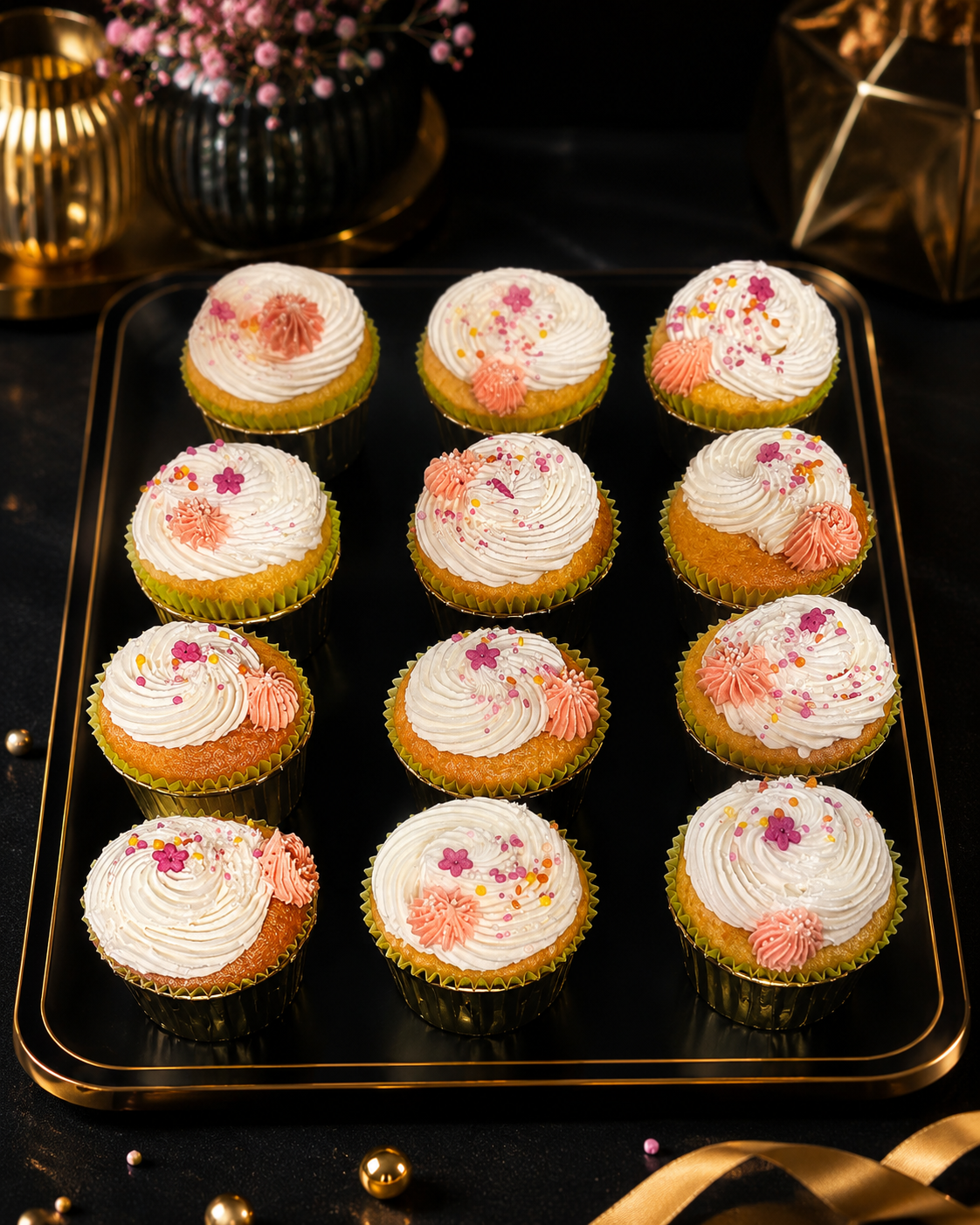 A dozen vanilla blossom cupcakes from above