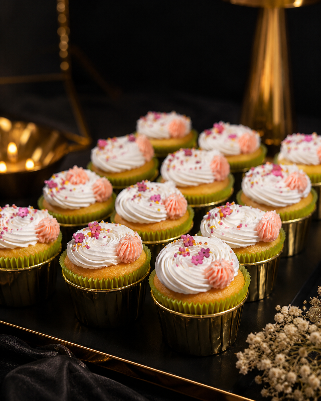 Vanilla blossom cupcakes in gold cases
