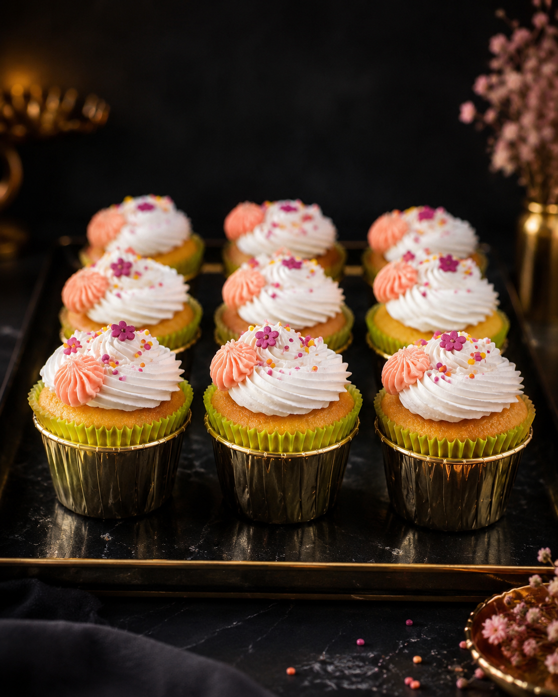 Vanilla blossom cupcakes in green and gold cases
