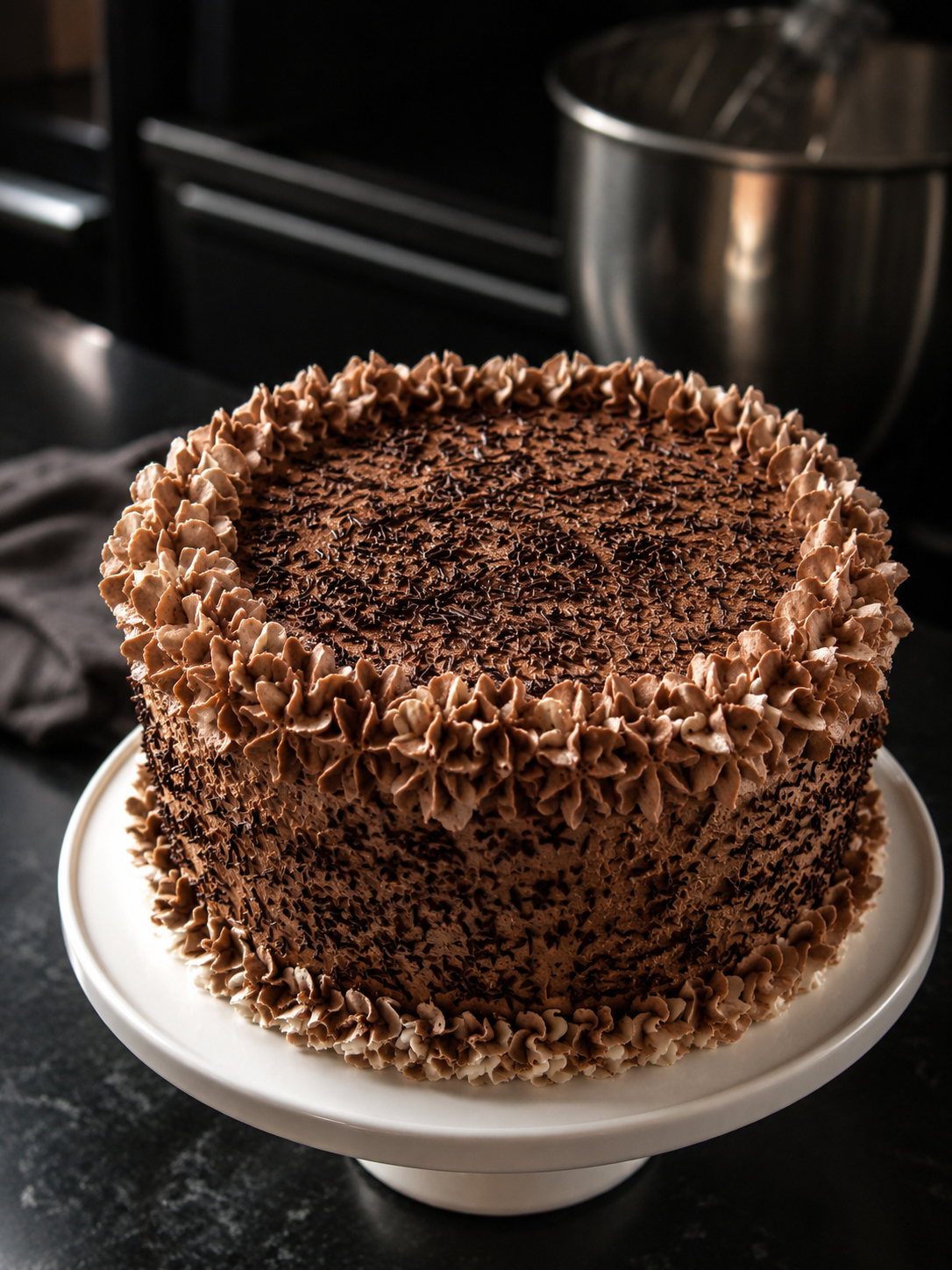 A tall chocolate celebration cake piped by hand