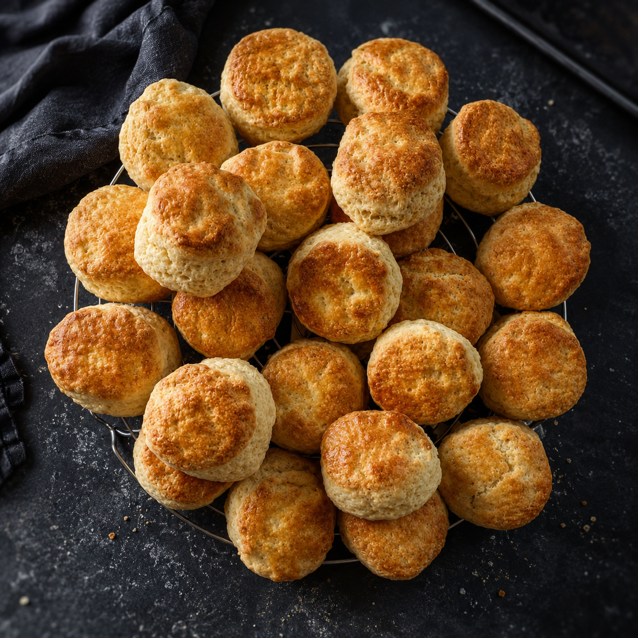Buttermilk scones on a dark plate from above
