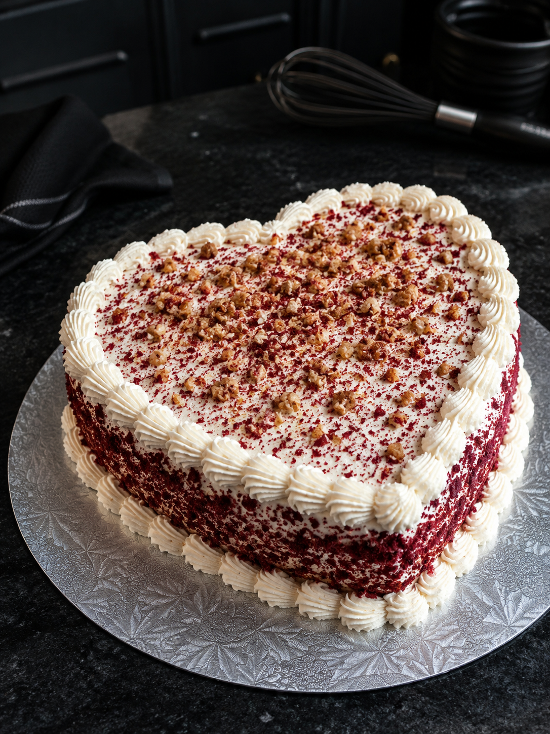 Red velvet heart cake with walnut and cream piping