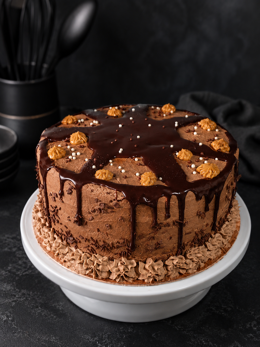 Chocolate cake with salted caramel and ganache drip