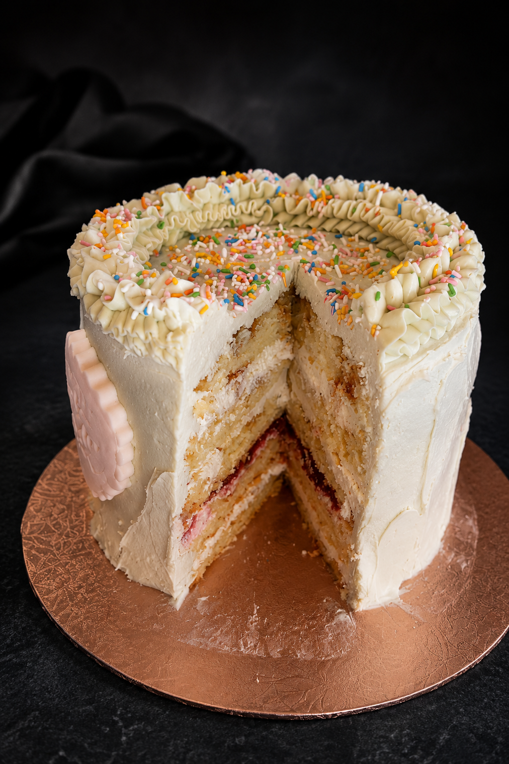 A funfetti vanilla layer cake, cut to show the layers