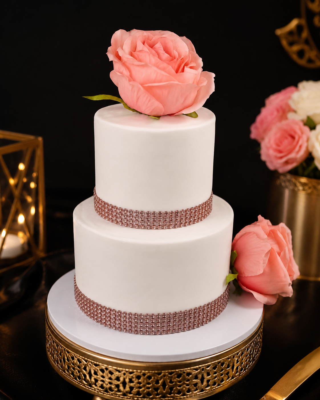A two tier white celebration cake topped with a rose